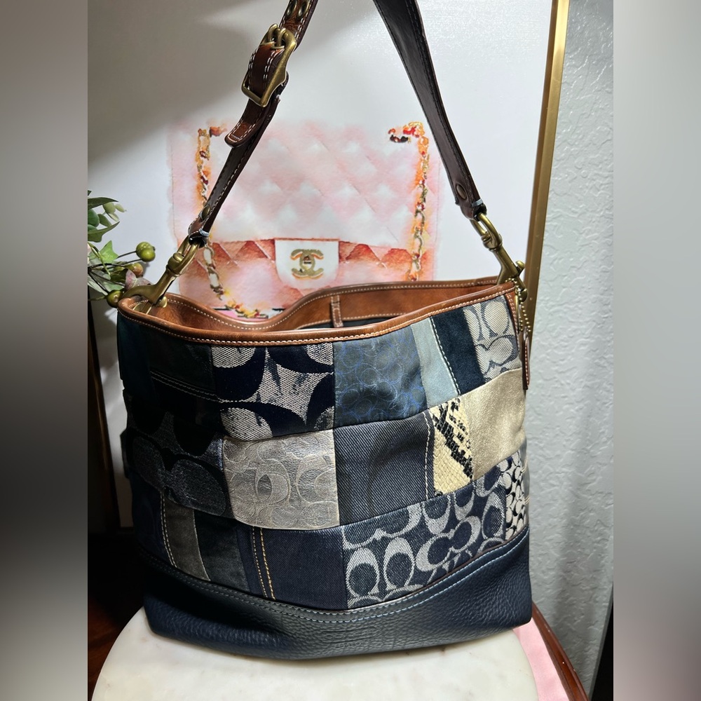 Coach 10003 Blue Denim Patchwork Whiskey Leather Trim Shoulder Tote Hand Bag VTG